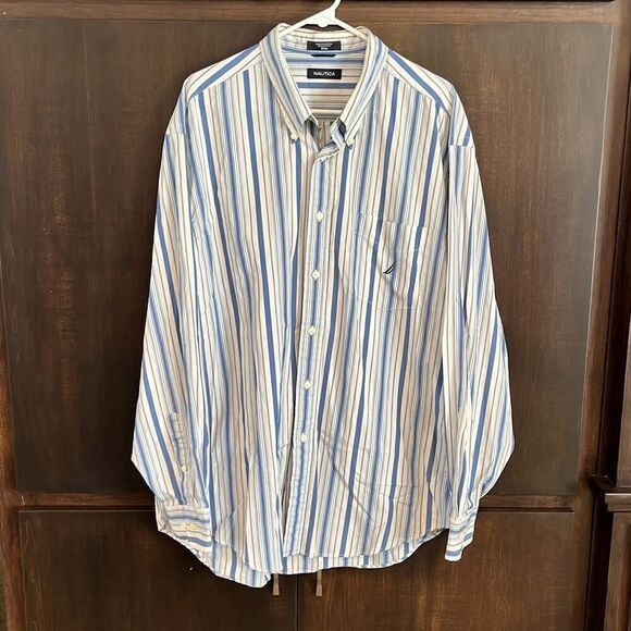 Nautica Blue Tan Striped Long Sleeve Button Front Shirt XXL - Picture 1 of 4